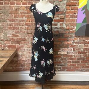 Evan-Picone Vintage 90s Black Floral Flutter Sleeve Midi Dress Size 4 Feminine